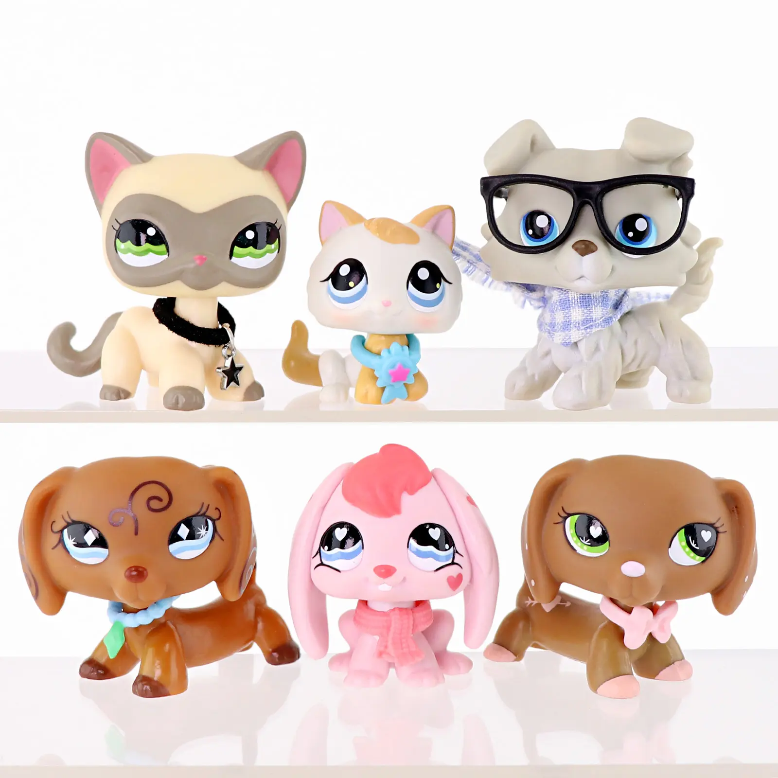6 Pcs Big‑Eyes Cartoon Animal Mini Figurines Set, Cute Kitten & Puppy Figures with Fashion Accessories, Collectible Small Pet Playset, Desktop Ornament Cake Topper, Toy Gift for Kids Boys Girls