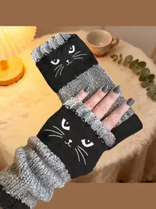 Women's Ultra-Warm Fingerless Knit Gloves - Adorable Cat Pattern Texting Gloves (1 Pair) | Comfortable Stylish Daily Use