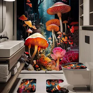 1/4pc vibrant mushroom pattern bathroom set, The 4-piece set includes a single shower curtain, anti slip floor mat, toilet U-shaped mat, toilet lid mat, with shower curtain hook, and belongs to bathroom decoration products