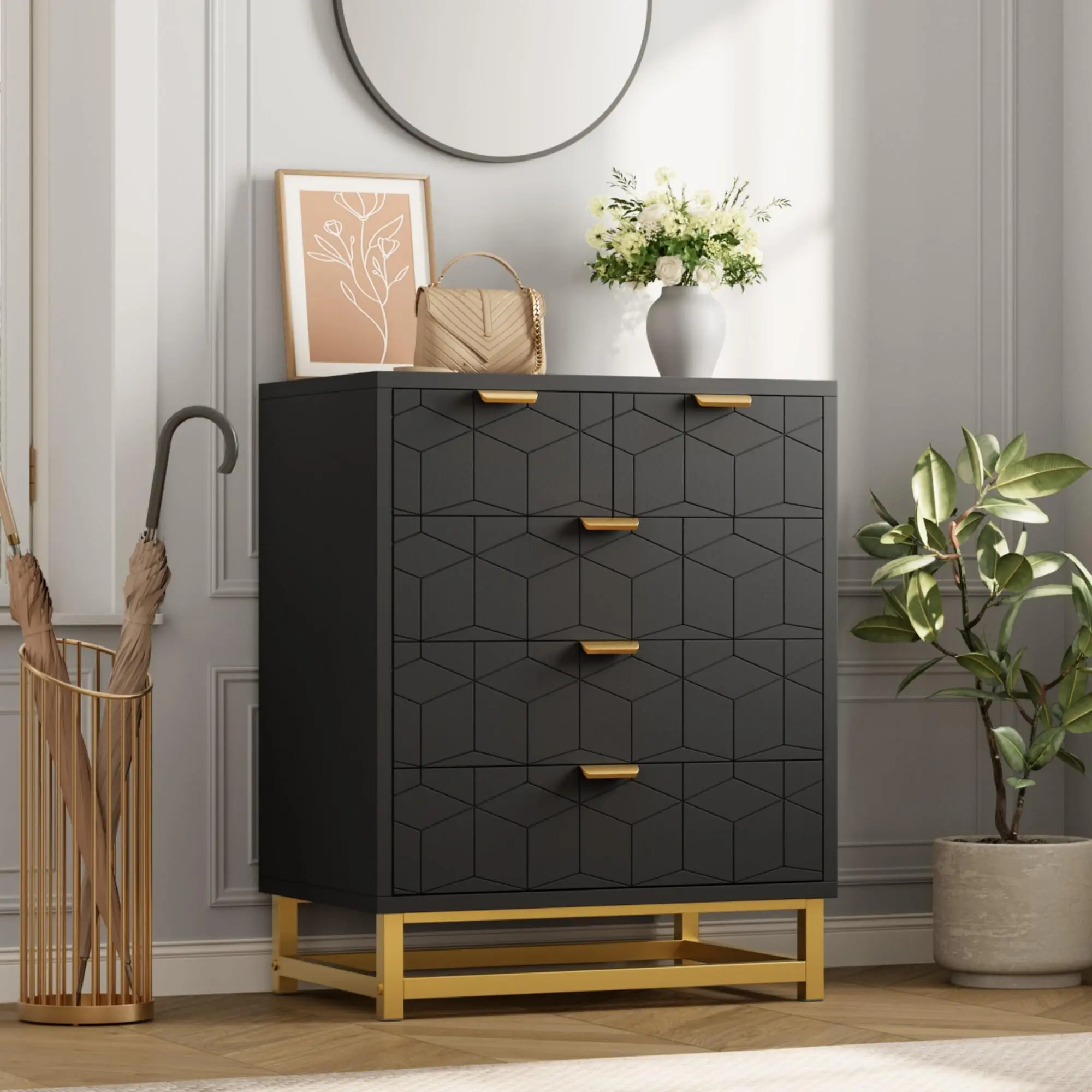 Modern Black MDF Wood 5-Drawer Set Chest of Drawers - Gold Handles, Square Form, Stable, Anti-Tip Safe, Easy Assembly, 23.6"w x 15.8"d x 34.5"h, Wave Panel Clothing Storage Cabinet for Bedroom, Hallway