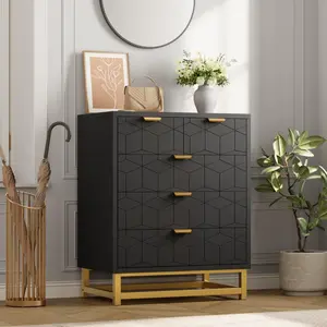 Dresser for Bedroom, 5 Drawer Black Wooden Dresser with Gold Handles, Modern Storage Dressers & Chests of Drawers for Hallway, Entryway