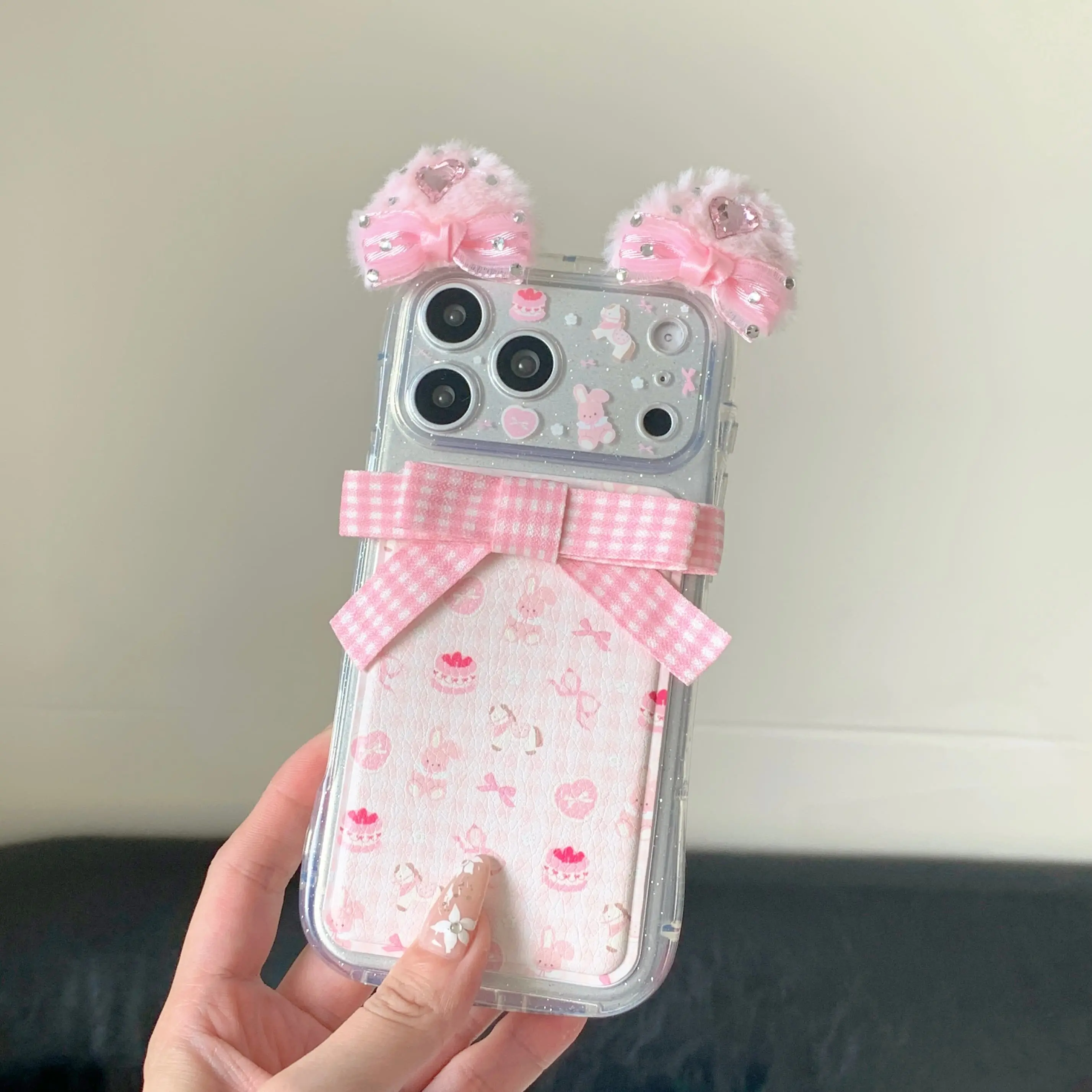 Kawaii Animal Stereo Plush Rabbit Ears Bowknot Shockproof Cellphone Case - Soft Protective Cover with Camera & Screen Protectors for iPhone 13,14,15,16,17 Pro Max Multi-Model Cute Mobile Accessories, Iphone 17