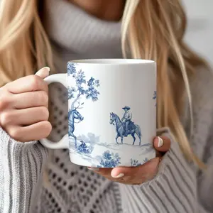 Cowboy Toile Ceramic Mug, Gift for Western Fans, Toile de Jouy, Coffee Cup, Tea Mug, Kitchen Gift, Unique Homeware,Western Coastal Decor, Modern Farmhouse Aesthetic, Coastal Cowboy Vibe, Luxury Toile Print, Unique Housewarming Gift.