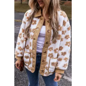 Flower Pattern Button Up Fleece Jacket
