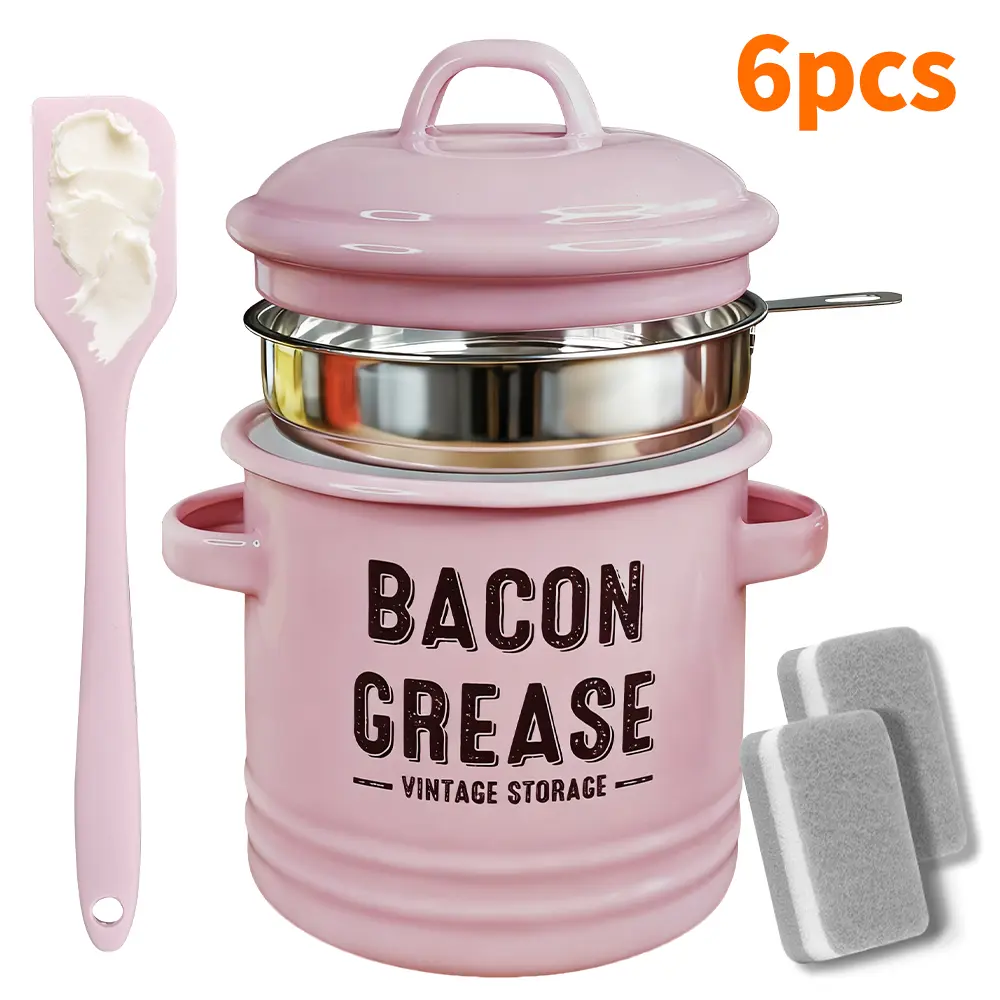46oz Large Stainless Steel Enamel Bacon Grease Container with Built-in Fine Mesh Kitchen Strainer Lid - Reusable, Sealable, Dustproof, Food-Safe, Easy-to-Clean Kitchen Strainer Utensil for Frying Residue Filtration (White, Large Container Jar), Containers