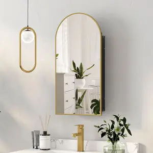 Mepplzian Arch Shape Wall Mount Medicine Cabinet with Mirror - 15.7 x 31.4" MDF Wood Space Saver, Modern Clean-Line Design, Wood Backing, 3 Glass Shelves, Indoor Bathroom Cupboard
