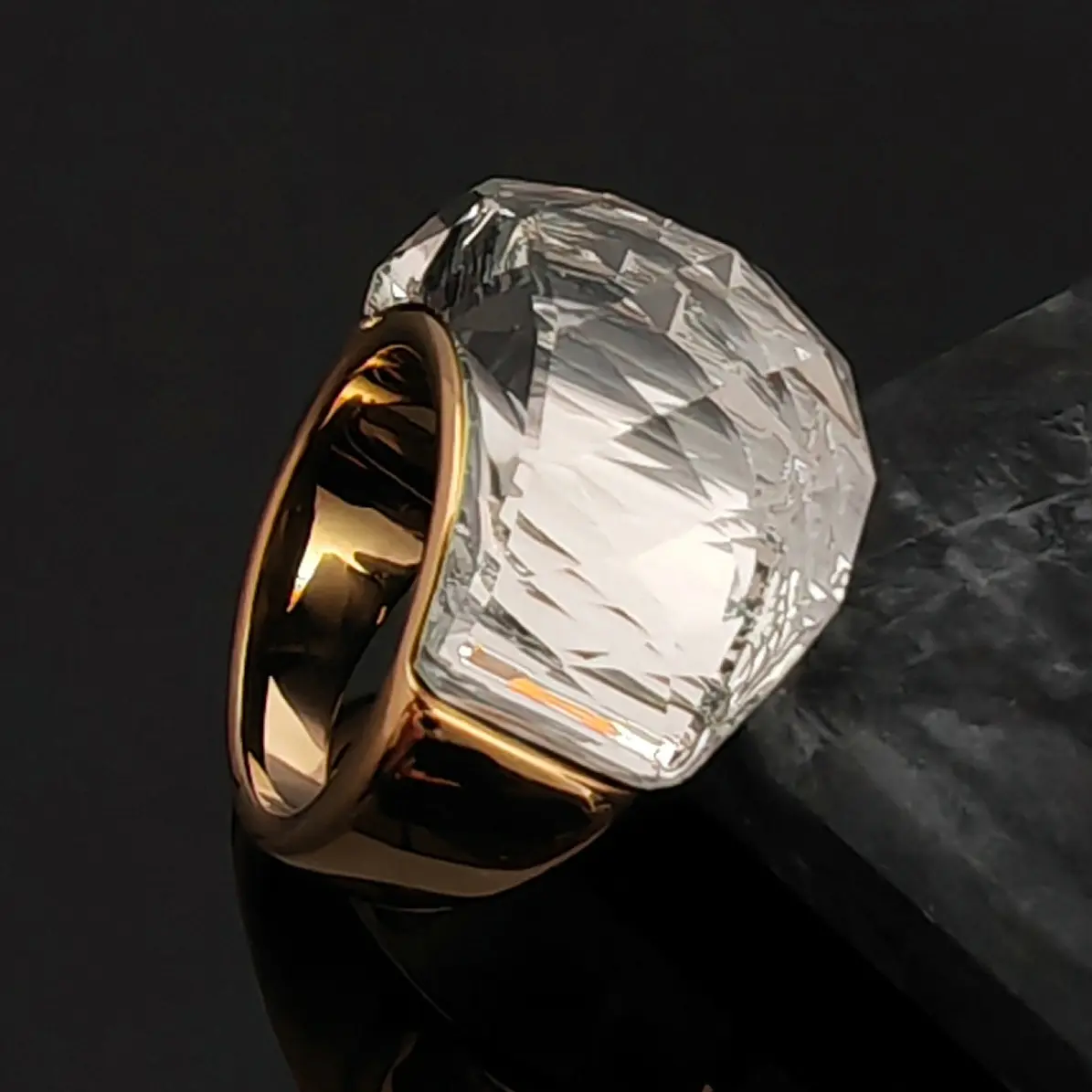 Geometric Wide Band in Golden 316 Stainless Steel, Japanese-Korean Style Fashion Jewelry with Synthetic Stone, Womens Gifts, Rings, Jewelry Rings, Boho Style Rings