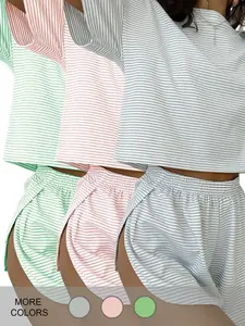 Women's Casual Loose Fit Striped Knit Top & Shorts Set, Outfit, Loungewear, High Waist Elastic Side Slit Design, All-Season Home Wear, Christmas New Year