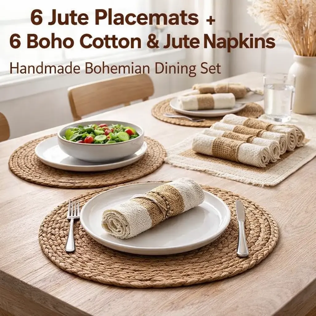 6pcs Handmade Bohemian Rustic Tableware Placemats - 11.8"x19.8" Square & 11.8" Diameter Round Mix Shapes, Natural Cotton/Burlap/Water Straw Woven Texture, Macrame Farmhouse Heat-Resistant Kitchen Dining Table Accessories