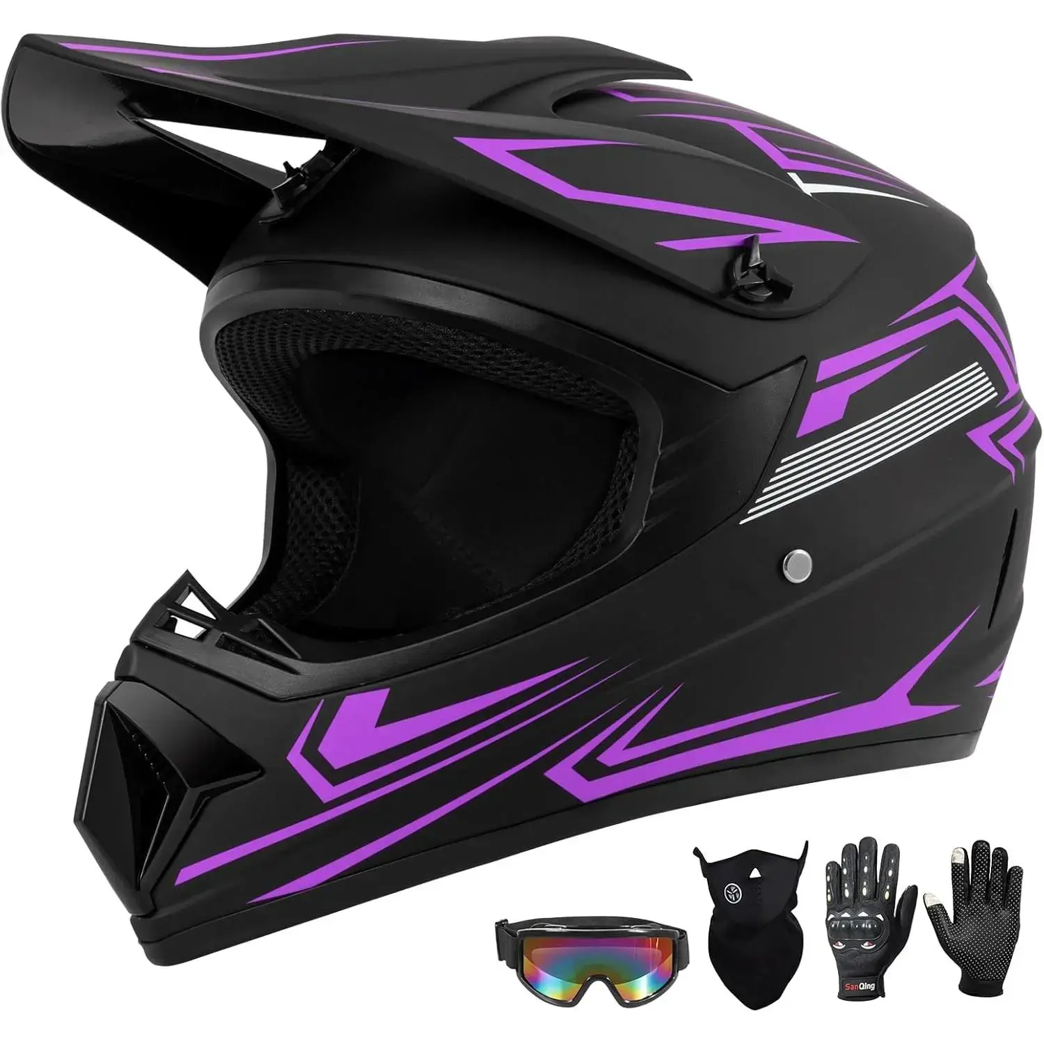 Youth Kids Dirt Bike Motocross Helmet (Goggles Gloves Face Mask) 4PCS Set, DOT Approved Girls Full Face Motorcycle Helmets, ATV BMX MX Mountain Bike Off Road Kid Helmet