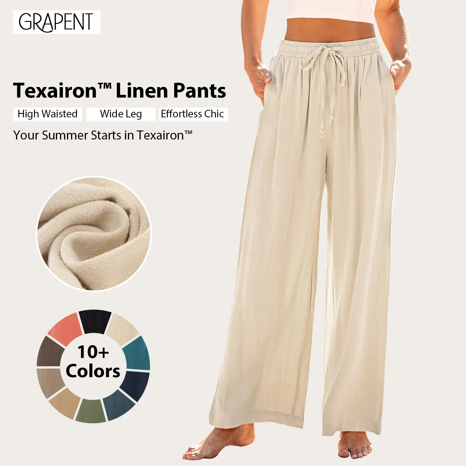 GRAPENT Texairon Women's Minimalist Linen Wide Leg Pants - High Waisted, Pull-On, Comfy Effortless Baggy Drawstring Flowy Palazzo Pants for Resort Wear, Light Beige Basic Bottom, Linen Pants Women