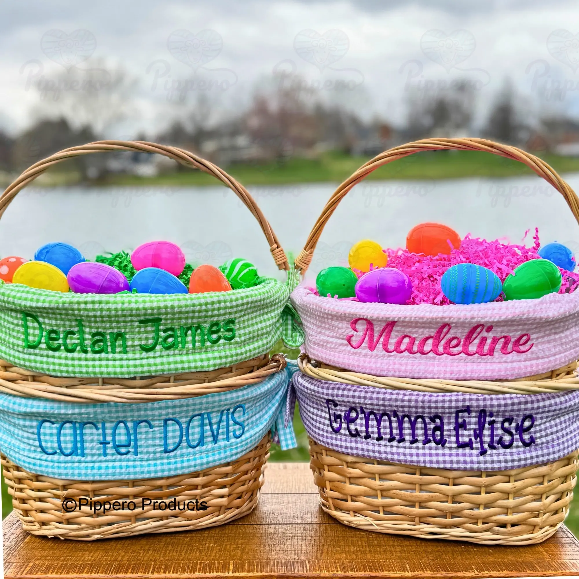 Handwoven Wicker Easter Basket with Personalized Embroidered Gingham Liner