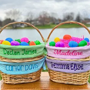 Handwoven Wicker Easter Basket with Personalized Embroidered Gingham Liner