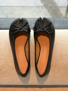 Split-Toe Bow Ballet Flats Soft Leather Slip-On Shoes for Women
