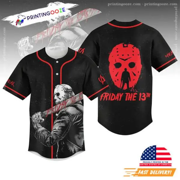 Friday the 13th Horror Baseball Jersey – Jason Hockey Mask Graphic Button Up