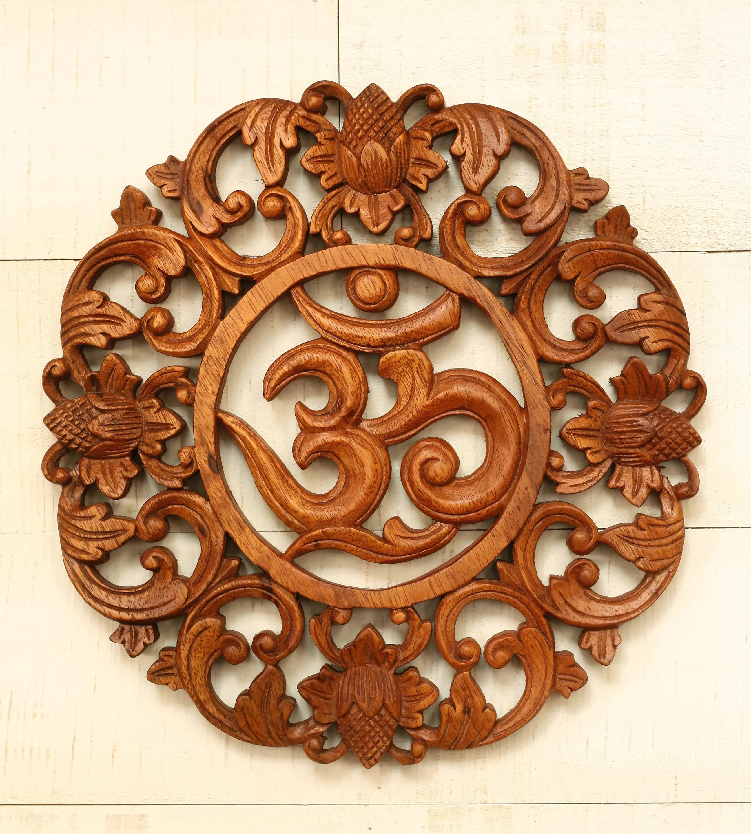 12" Wooden Round Hand Carved Ohm Sign Wall Plaque Relief Om Panel Wall Hanging Statue Sculpture Handcrafted Mandala Art Home Decor Wood Accent Decoration Handmade