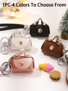 Mini PU Leather Keychain, Cute Makeup Bag Key Chain, Small Ladies' Key Ring, Men's Key Circle, Metal Button Design Wallet, 4 Colors Available, Trendy Cute Keychain
