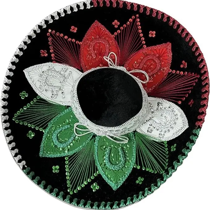 Sombrero Charro Traditional Mexican Hat with Colorful Embroidery and Decorative Leaves for Festive Wear Dress Up Accent