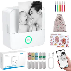 eSynic Portable Mini Sticker Printer-1200mAh Rechargeable Battery-Bluetooth Mini Printer-Lnkless Printing-Smart App Control-5 Roll Adhesive & 5 Thermal Paper-6*Color Pen-for DIY/Photos/Study Notes