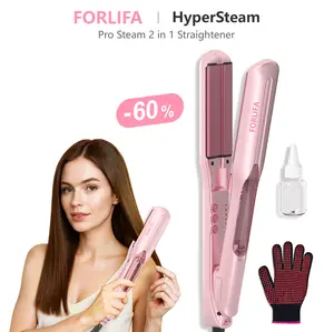 FORLIFA-HyperSteam: Pro Steam 2 in 1 Straightener with 1.5-inch Cool Mist Infrared Technology, 3-in-1 Functionality, 5 Temperature Settings for Healthy Frizz-Free Hair, 30-Minute Auto Shut-Off, Keratin Straightening Kit Curling Set