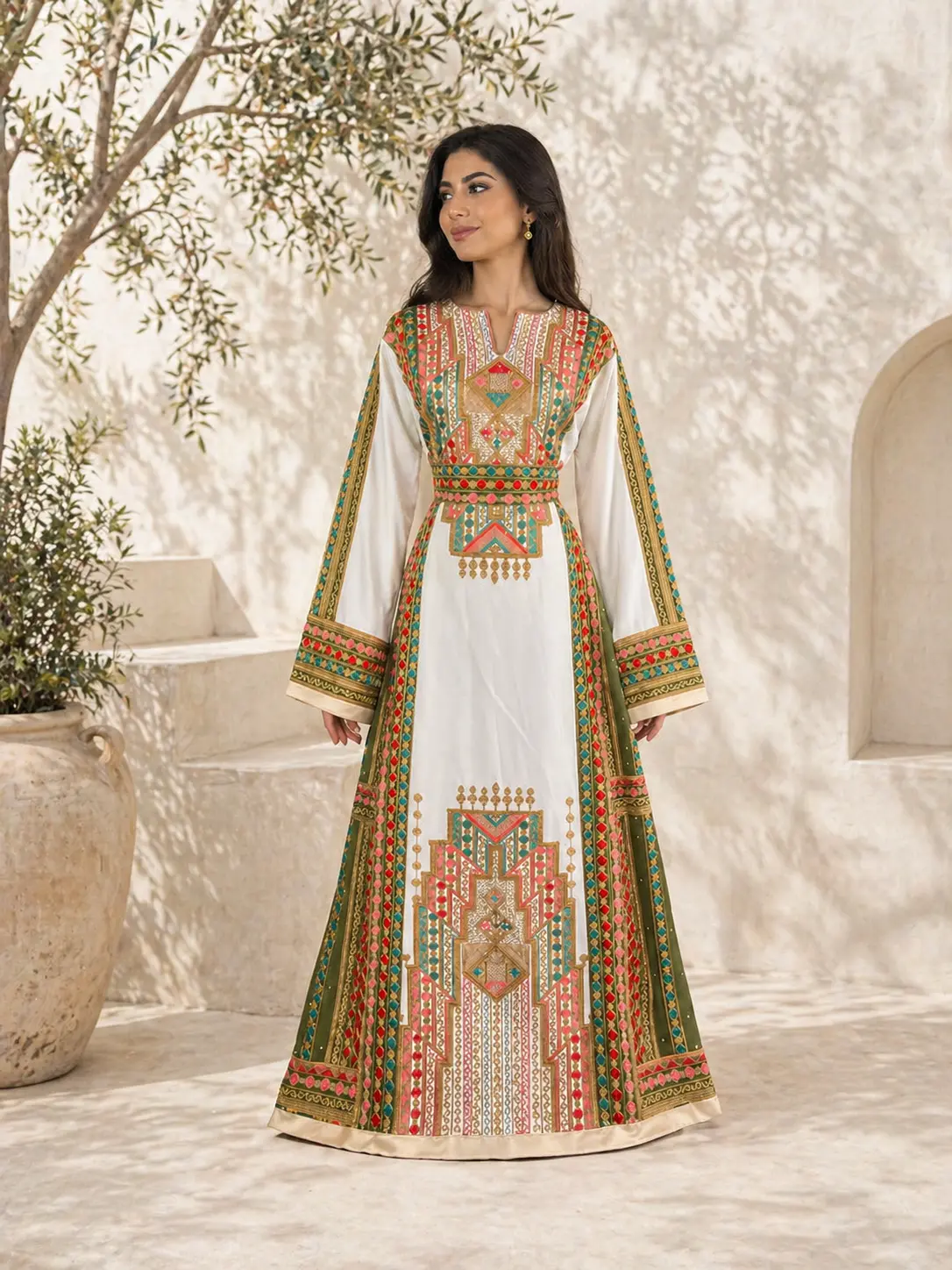 Women's Modest Islamic Longsleeves Loose Full-Length Tunic Dress - Colorful Geometric All-Over Print, Bridal-Casual Ready for Summer Casual & Wedding Guest Wear