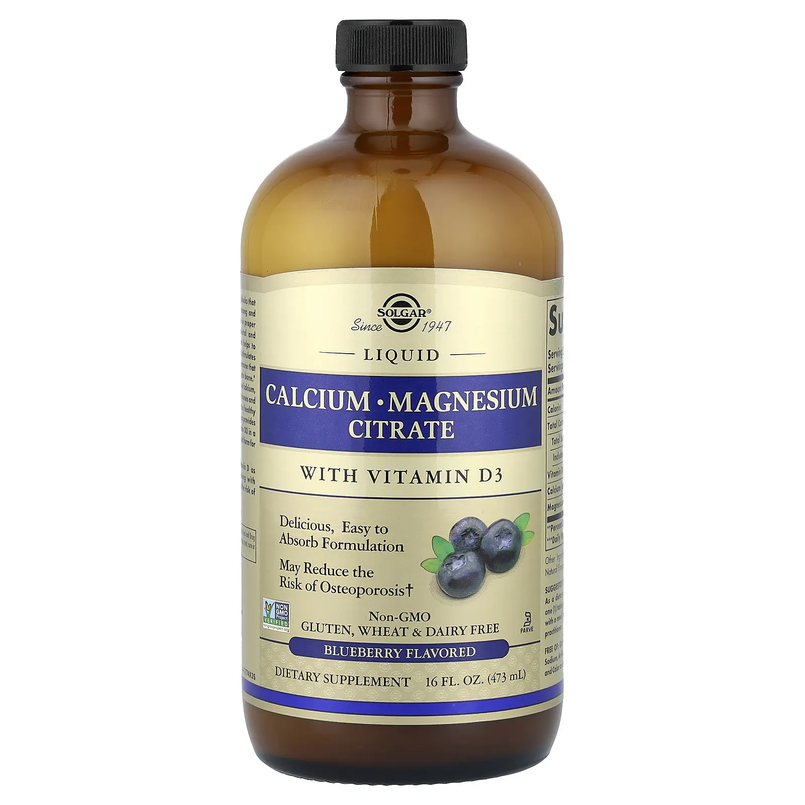 Solgar Liquid Calcium Magnesium Citrate with Vitamin D3, Blueberry, 16 fl oz (473 ml)