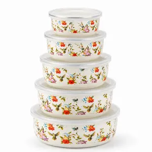 5 Pack Vintage Enamel Bowls with Lids, Airtight Stackable Food Storage Containers for Kitchen Fridge Meal Prep Picnic tableware kit
