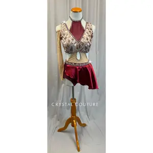 Custom Red and Cream Mesh One Sleeve Rose Gold Sequin Leotard with Half Skirt-Rhinestones