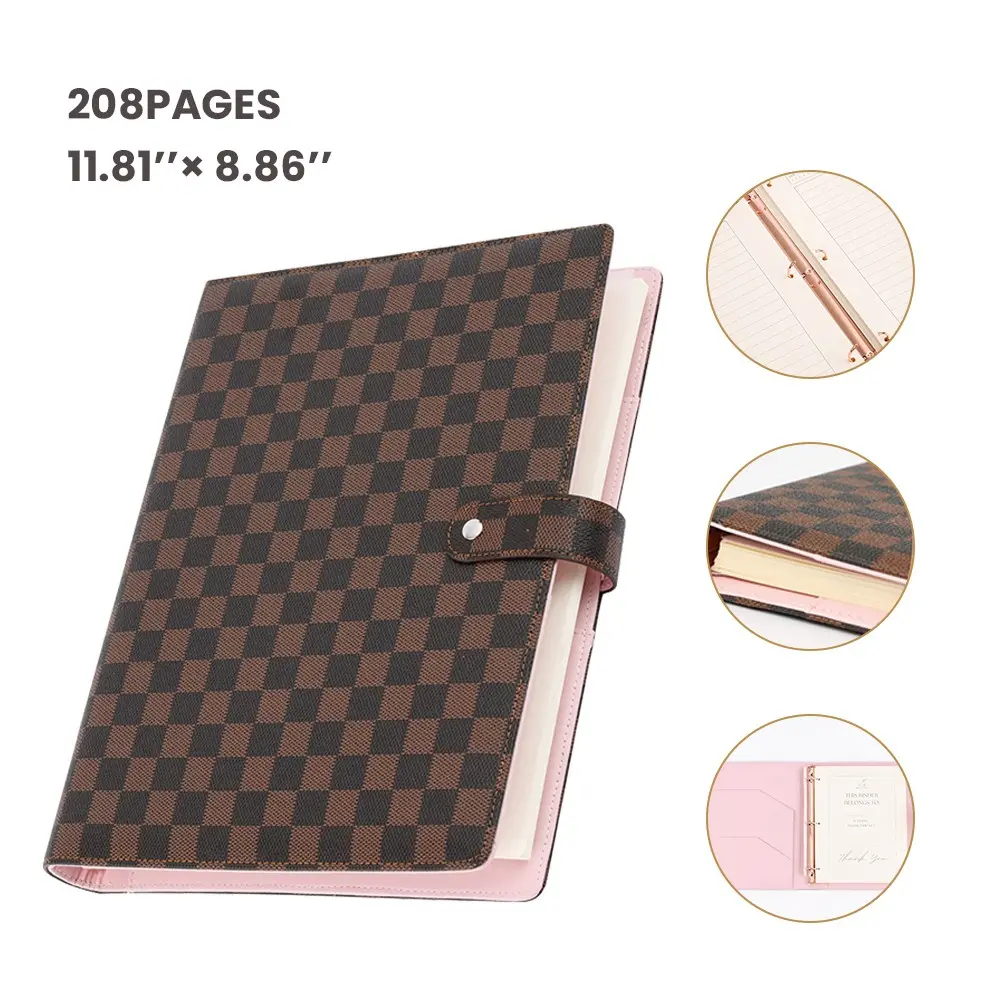 Large Capacity Planner Notebook with Replaceable Pages, PU Leather Cover, Plaid Design, 208 Pages, Office & Home Use, Office Stationery Supplies
