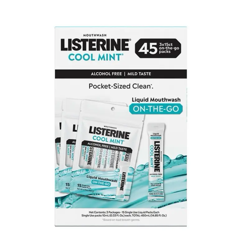 Listerine On-The-Go Alcohol-Free Cool Mint Mouthwash Sachets, 45 Count Oral