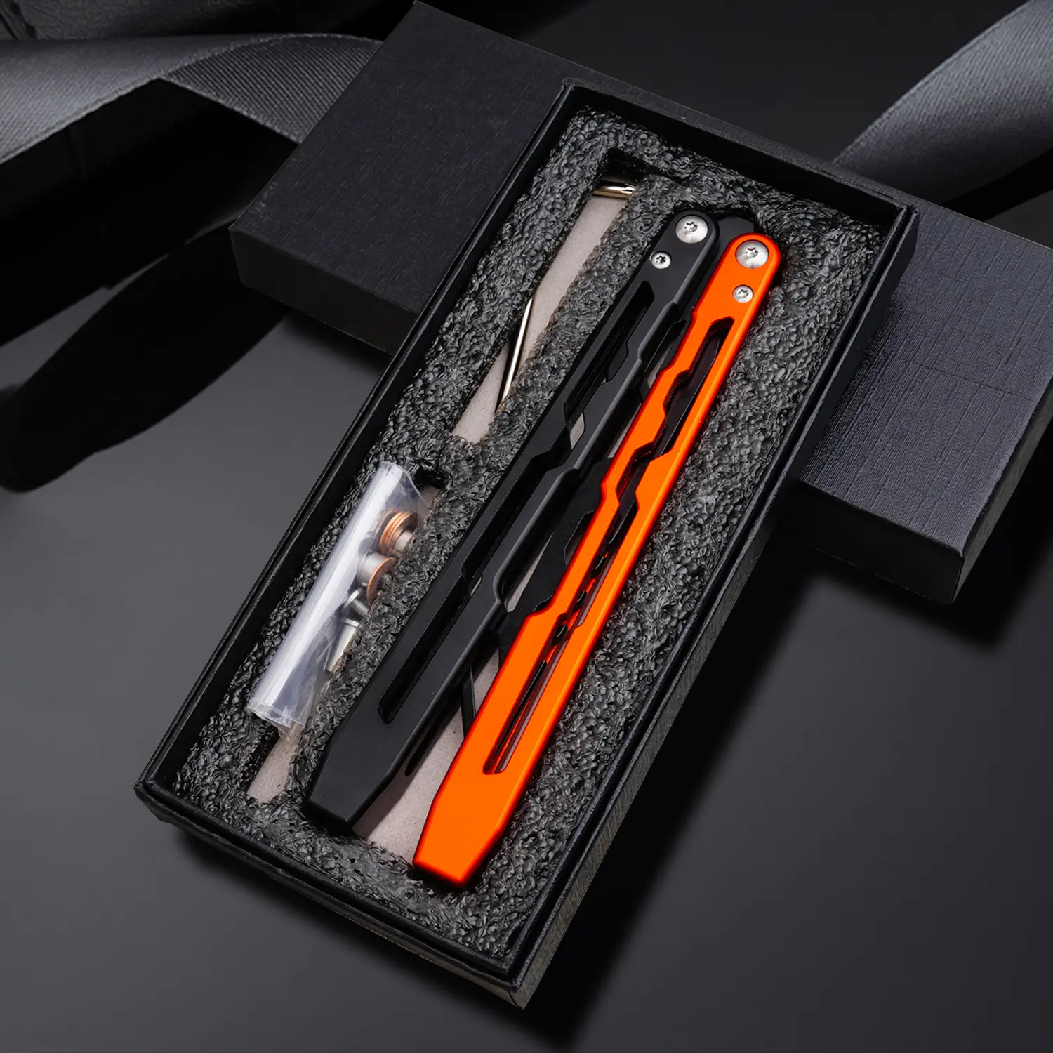 TGZUO Black & Orange Bladeless Aluminum Alloy Butterfly Trainer LG07 - Cool Manual Toy & Portable Folding EDC Tool for Outdoor Use