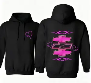 Pink Car Girl Hoodie — Chevy Bowtie Heart Graphic Pullover, unisex, soft and cozy vintage ’90s streetwear, casual outfit for car lovers, auto fans, road trips