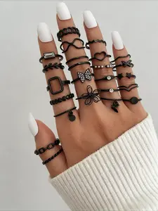 23pcs/set Zinc Alloy Gothic Stacking Ring Set with Inlaid Rhinestone, Mix and Match Butterfly Flower Heart Patterns for Daily Outfits and Party Accessories