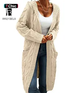 Women's Pocket Drop Shoulder Cardigan, Hooded Long Sleeve Warm Top, Casual Textured Knit Open Front Cable Outwear, Sweaters for Women