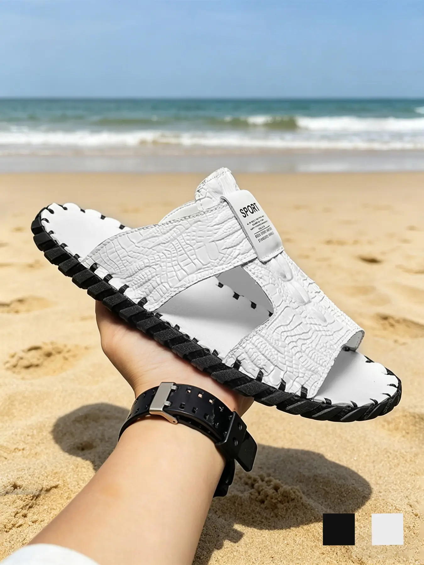 Men's Slippers Lightweight Non-Slip Cushioned Alligator Pattern Beach Slides Open Toe Flat Casual Sandals Retro Summer Black White Microfiber Leather for Vacation Outdoor Big Size 11-13