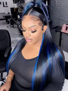 200% Density 28 Inch 13×4 HD Transparent Ombre Blue Lace Front Wig Long Straight Hair, Black & Blue Mixed Silky Straight Lace Front Wig, Synthetic Heat Resistant Fiber Hair 13×4 Lace Closure Wig