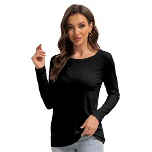 Women's Round Neck Long Sleeve Shirts - Basic Casual Tops for Fall and Winter