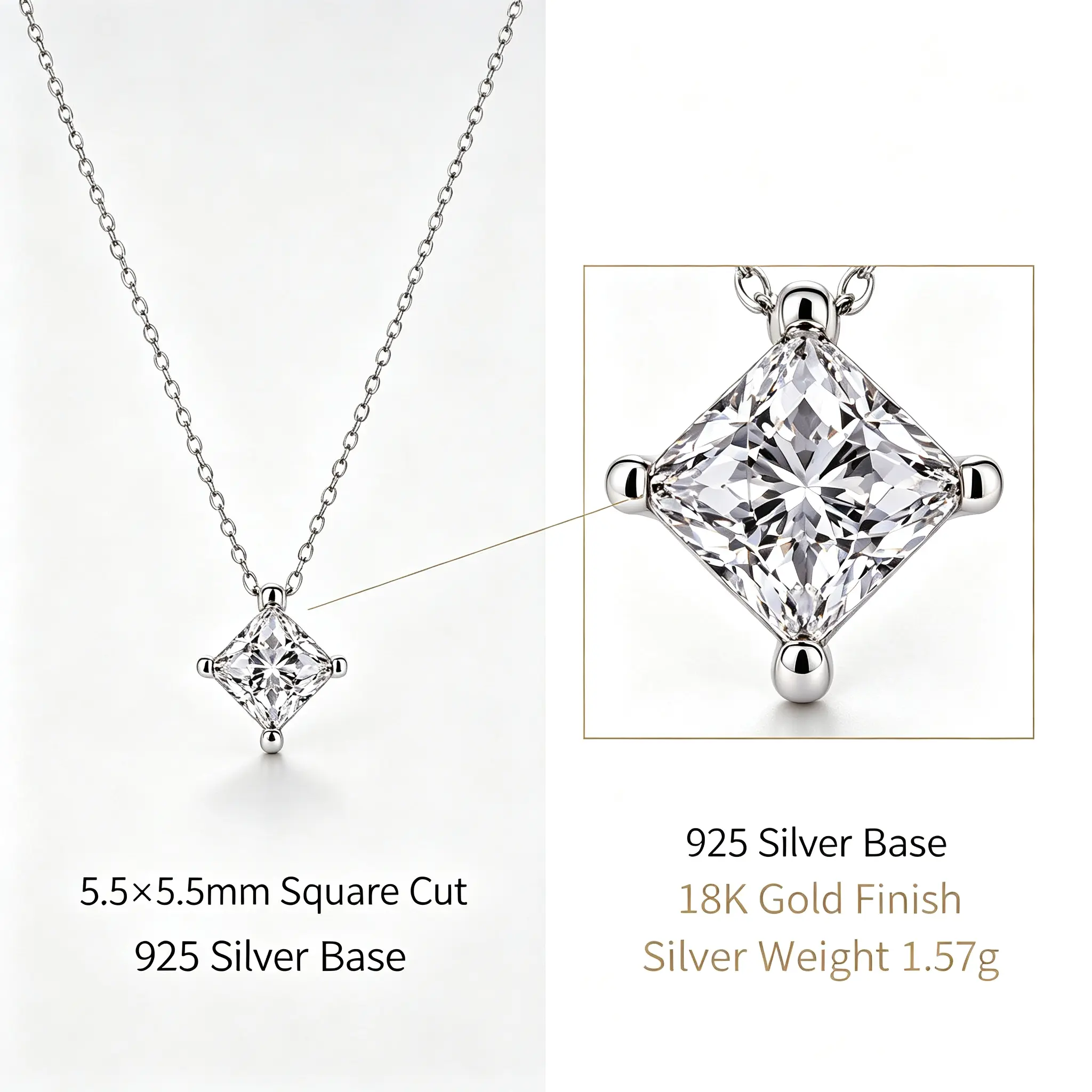 925 Sterling Silver Princess Cut 5.5mm Cubic Zirconia Solitaire Necklace - 18K Gold-Plated Dainty Pendant, Minimalist Fine Jewelry Gift for Women Jewellery Gift for Women, Ideal for Birthday & Christmas