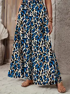 Plus Size Women's Leopard Print Wide Leg Pants High Waist Casual High Waisted Fitted Slimming, Drapey, Conceals Thighs, Casual Daily Wear, Casual Chic Trousers