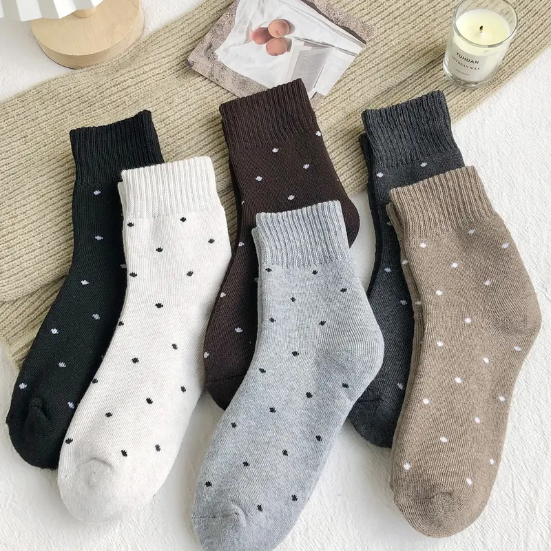 6 pairs Thickened Polka Dot Loop Knit Mid-Calf Socks   Fashionable, Warm, Casual Couple Socks   Ideal for Women's Winter Daily Home Wear Soft Comfy Socks Polyester Knit Socks Knitted Socks
