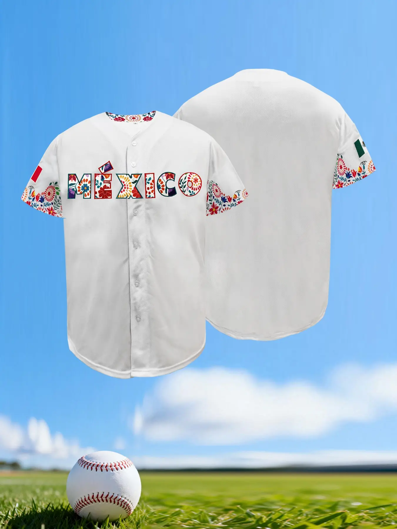 Embroidered Mexico Baseball Jersey for Men and Women, Floral Mexican Flag Design, Breathable Short Sleeve Button-Down Shirt, Unisex Casual Sports Wear for Cinco de Mayo, Mexican Pride, S-3XL, Jersey Shirts, Sportswear for Summer, Sports Clothing