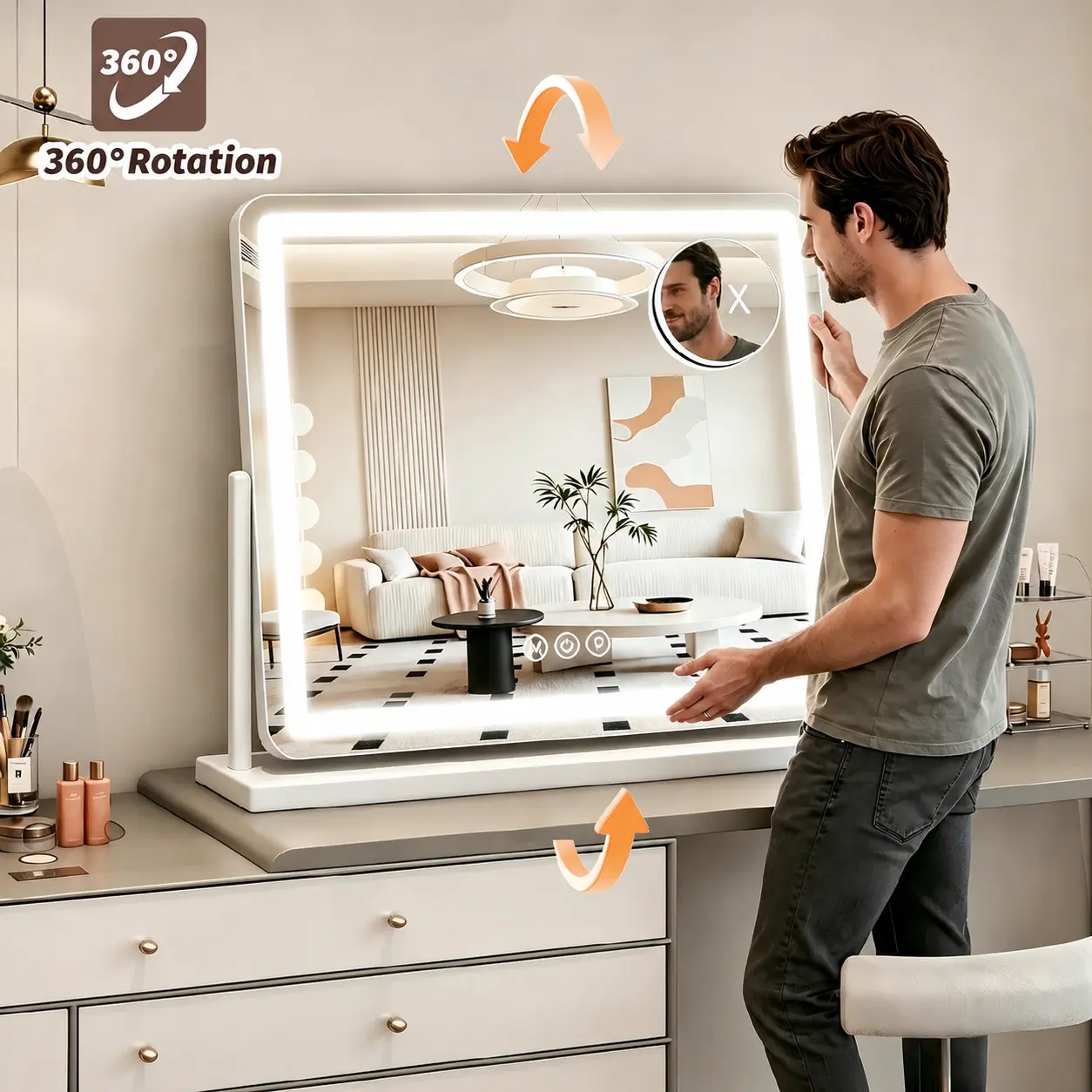 【valentine gifts】Vanity Mirror with Lights, LED Makeup Mirror，Hollywood Mirror with 3 Color Modes & Adjustable Brightness，Vanity Mirror Square White