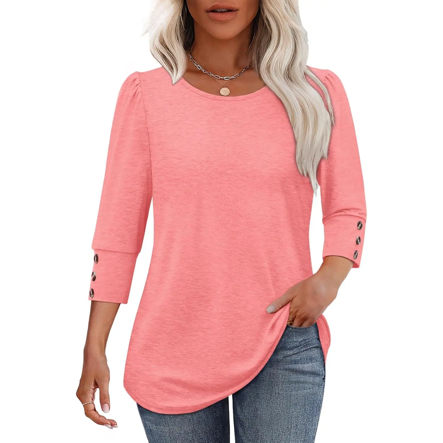 Women's Dressy Casual Blouse - 3/4 Sleeves, Solid V-Neck Button Top, All Seasons Women's Clothes for Plus Size, Available in 0-White, Hot Pink, Coral, Machine Wash