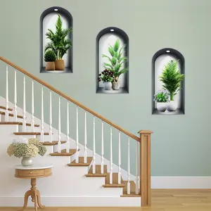 3-piece set, Nordic green plant themed simulated arched window flower basin wall sticker, self-adhesive removable decorative sticker, Wall Art Stickers, suitable for wall decoration in living rooms, dining rooms, and study rooms