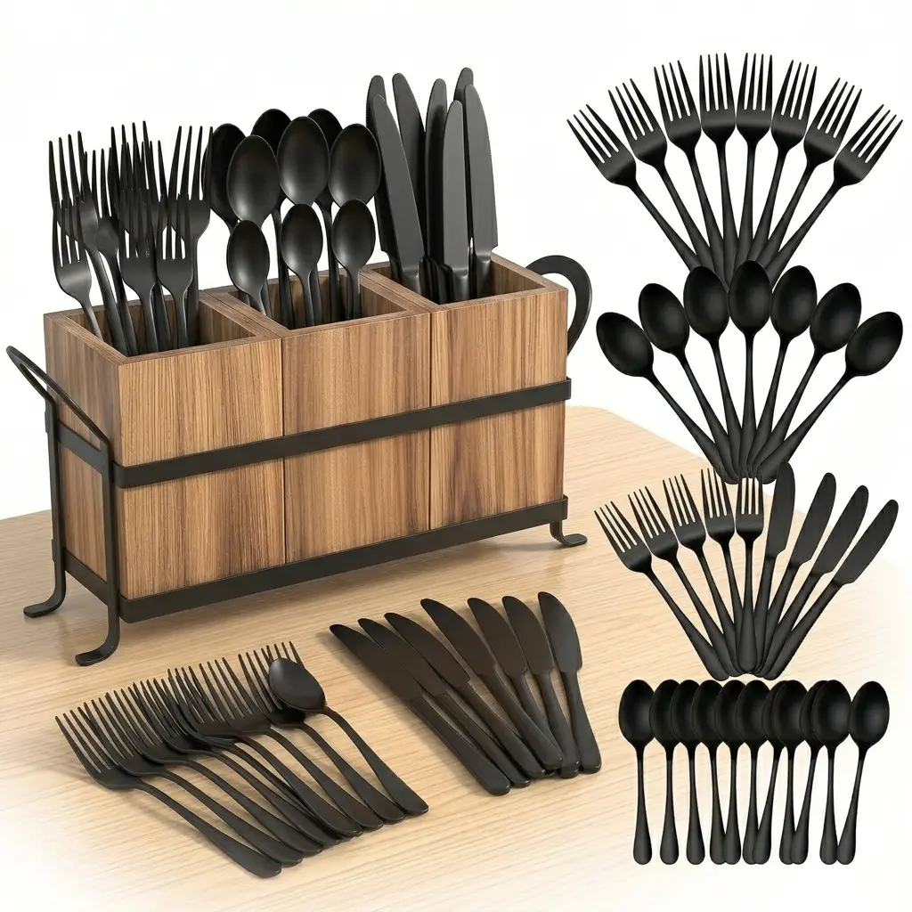 Sebastian CADIA 30-Piece Food-Grade Stainless Steel Cutlery Set with Storage Rack - Black Forks, Knives, Spoons - Reusable, Dishwasher Safe - Elegant Dinnerware Sets, Modern Kitchen Supplies, Tableware Set, Metal Utensils