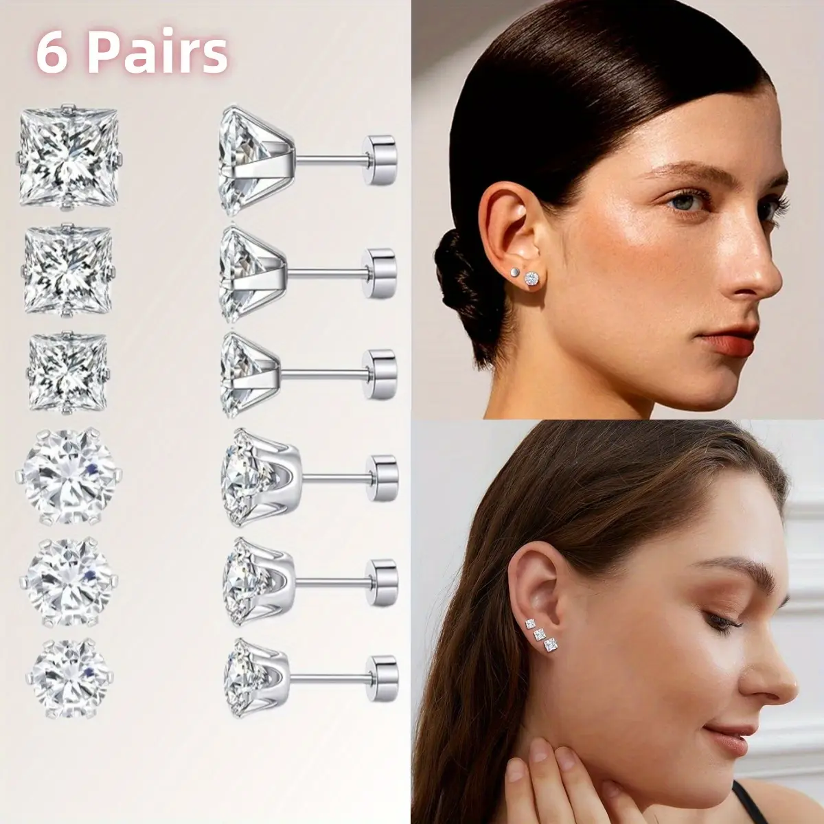 6 Pairs Titanium Flat Back Earrings, Surgical Stainless Steel Round Square Princess Cut CZ Screw Back Ear Studs For Women Men, Hypoallergenic Cubic Zirconia Earrings Set