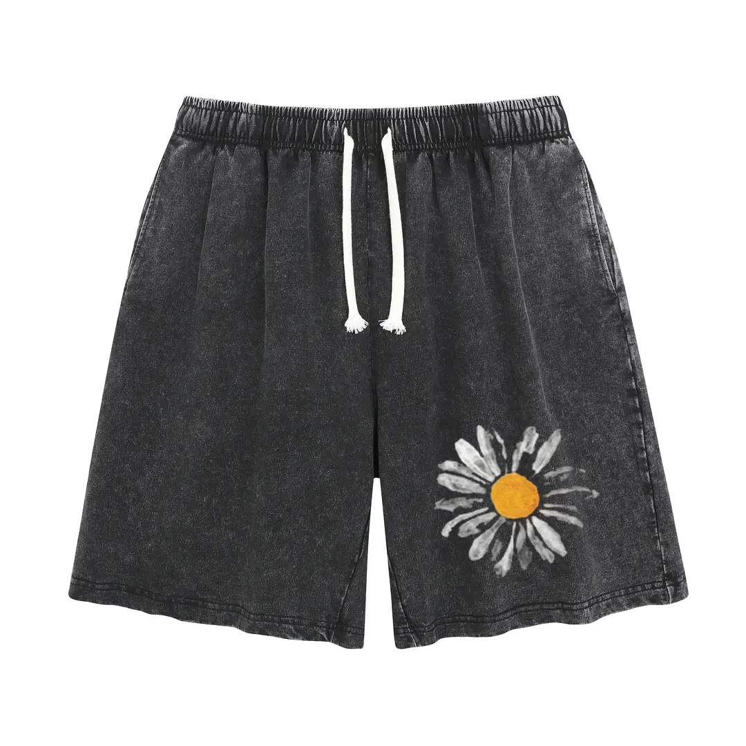 Women's Wayii Fashion Acid Washed Graphic Print Shorts - Premium Soft Cotton Blend, Lightweight, Breathable Vintage Street Style, Above-Knee Baggy Classic, Drawstring, Practical Pockets, Fits Beach Polo Summer Outdoor Wear
