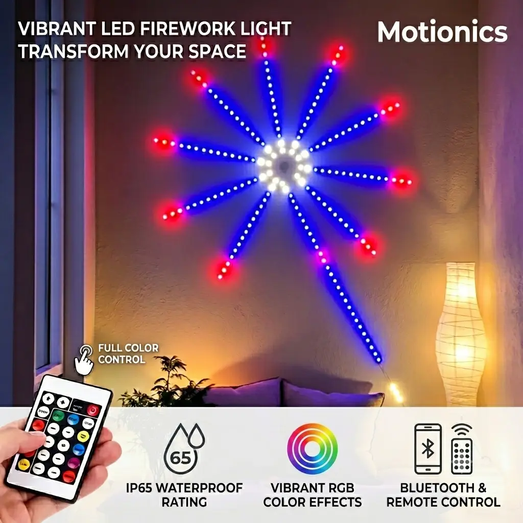 Motionics RGBIC Smart Firework LED Strip Lights - Remote Control, Adjustable RGB Lighting, Customizable LED Lights, Music Sync, USB Low-Voltage Power, Modern Home Decor, Mood Lighting, Colorful Indoor-Outdoor Lamps, Indoor Lighting