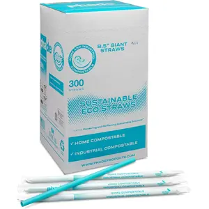 8.5" Giant Drinking Straws 1,200 Count - Sustainable Marine Biodegradable Compostable, Individually Wrapped, 4 Pack