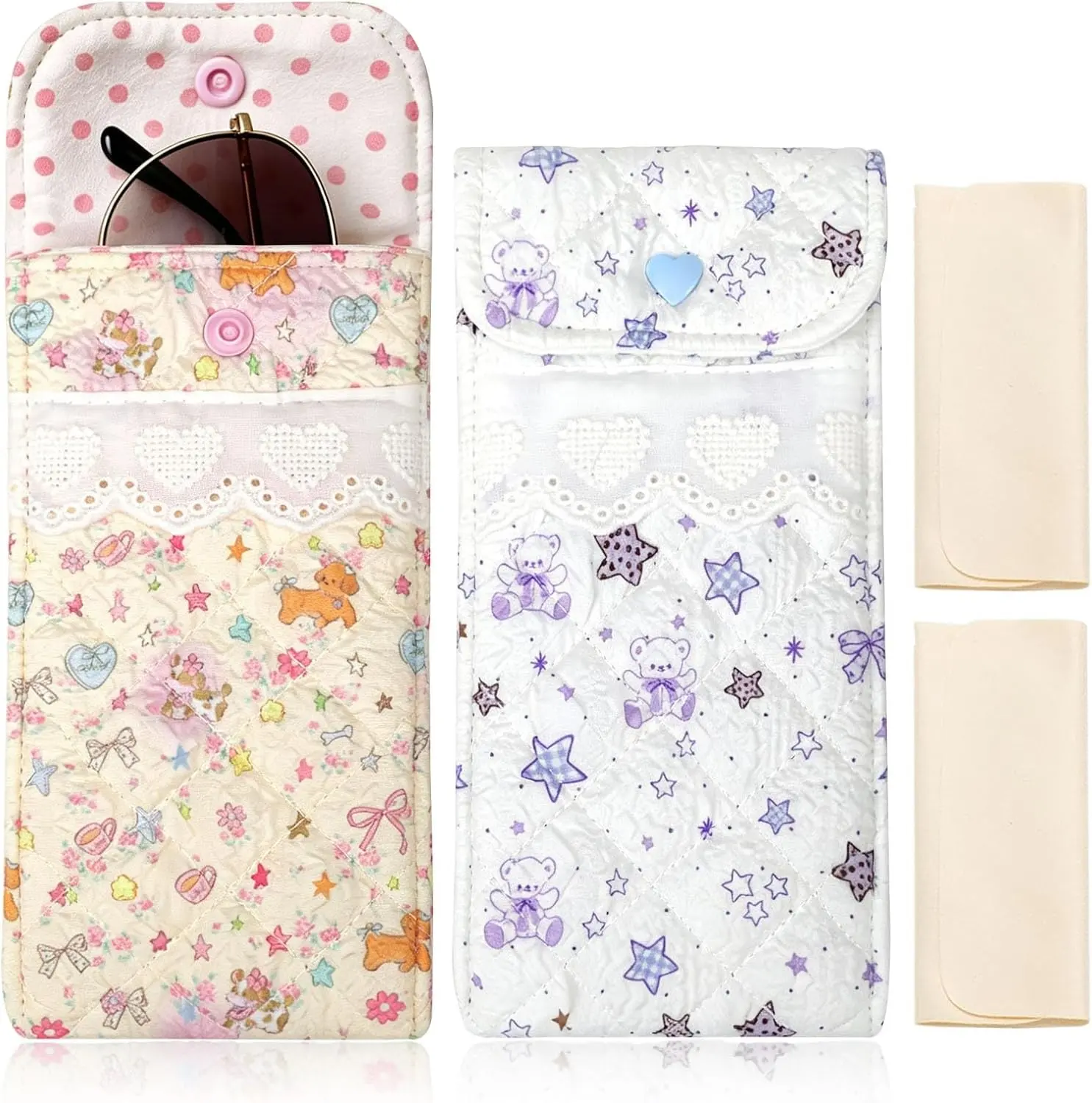 2PCS Sunglasses Pouch with Cleaning Cloth Soft Cotton Lining Glasses Case Quilted Eyeglass Pouch for Women and Girls